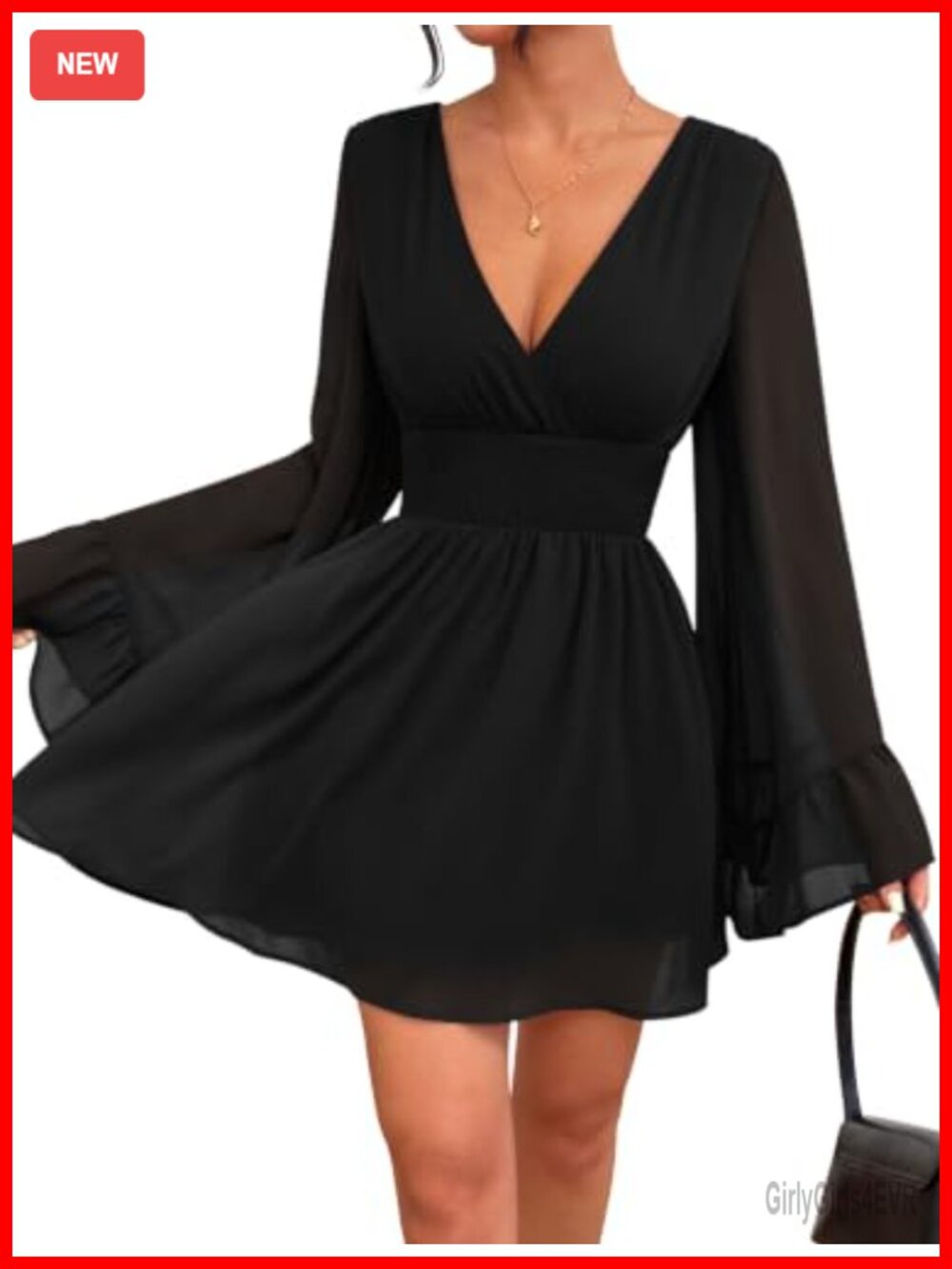 Women's Bell Long Sleeve Mini Chiffon Dress V Neck A-Line Fall Wedding Guest